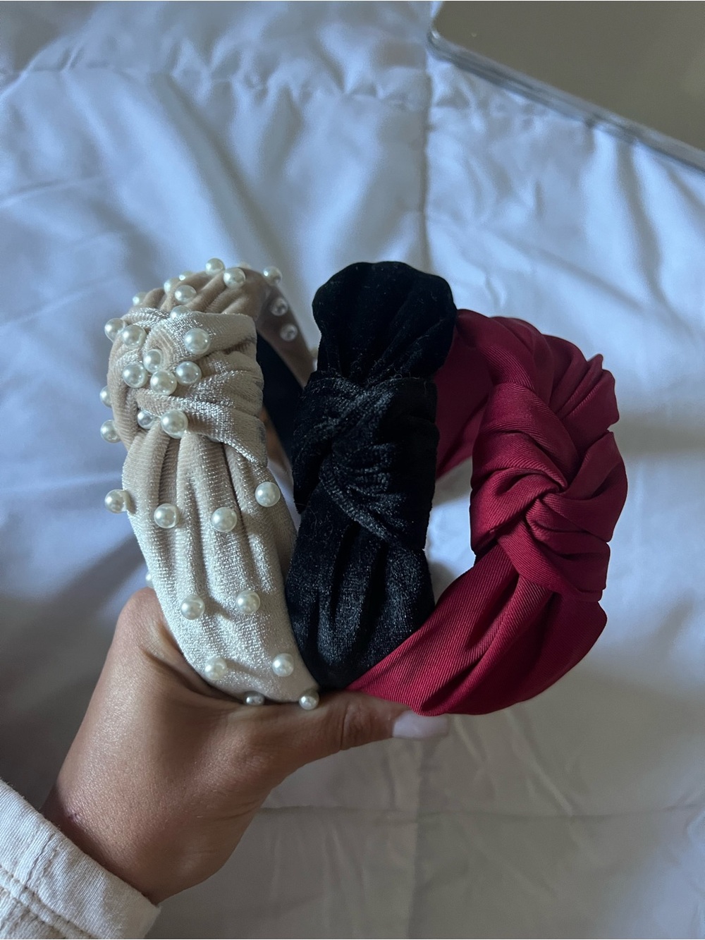 Pearl-Embellished Cream, Black & Burgundy Knotted Headband Set